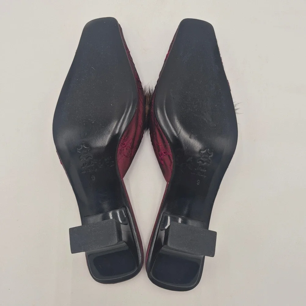 Olivia Rose Tal Italy Burgundy Satin Fur Trim Floral Embroidered Mules Heels 9
